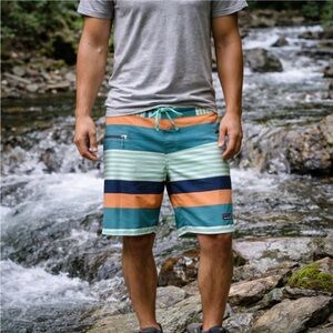 Patagonia Wavefarer Board Shorts Fitz Stripe Sz 36 Surfing Hiking Swim Vacation